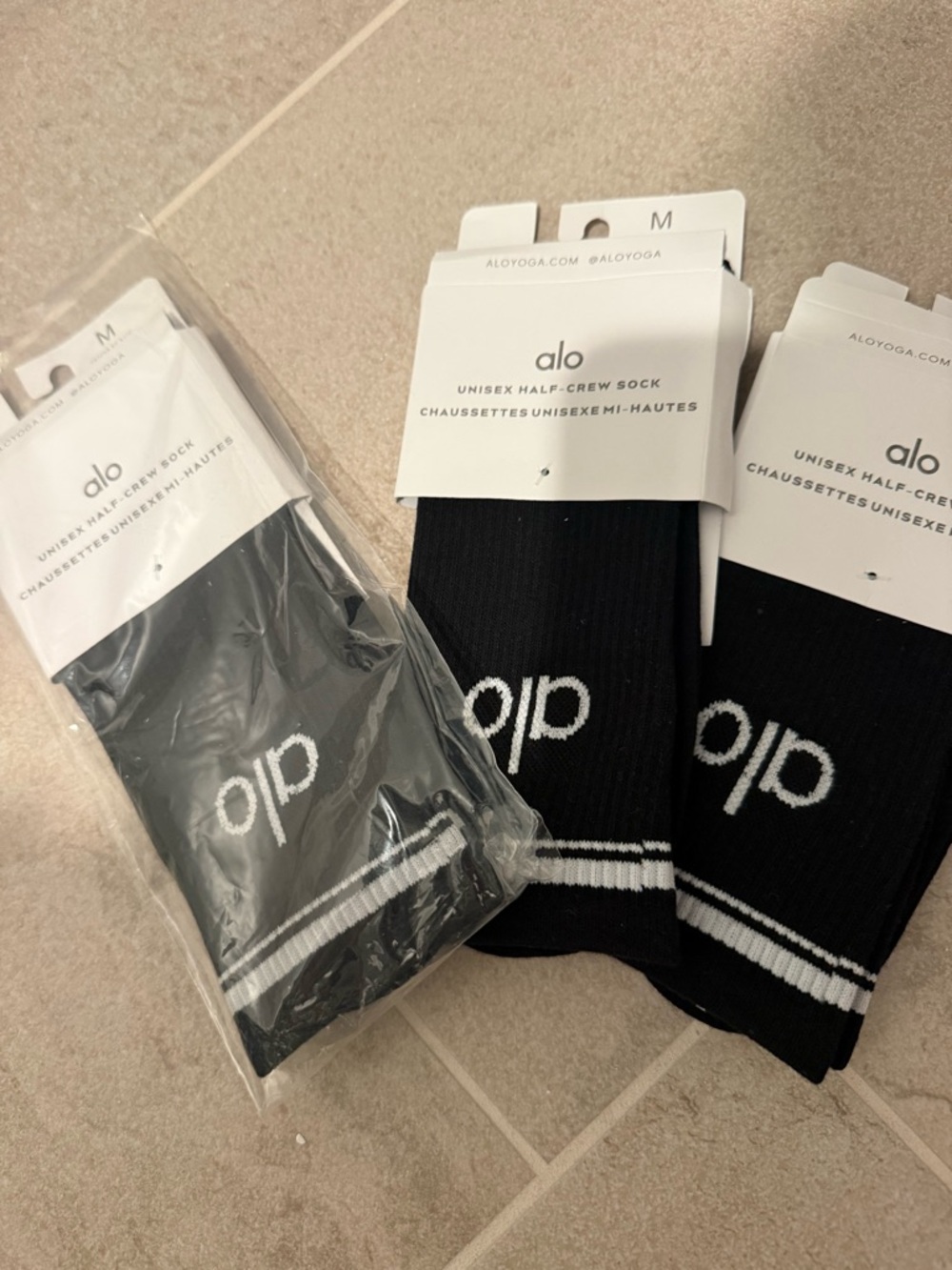 ALO Yoga Black Half-Crew Athletic Socks with White Logo & Stripes